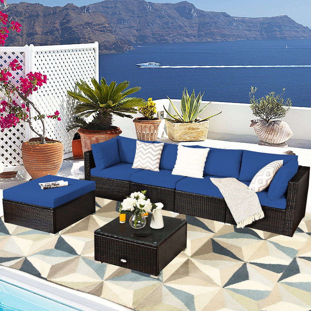 6-Piece Outdoor Rattan Sectional Sofa Set with Coffee Table - Blue