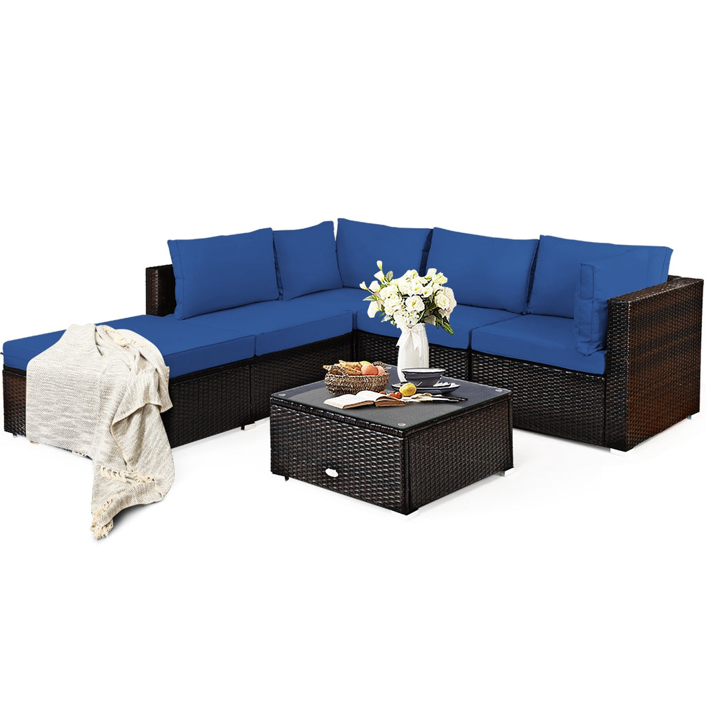 6-Piece Outdoor Rattan Sectional Sofa Set with Coffee Table - Blue