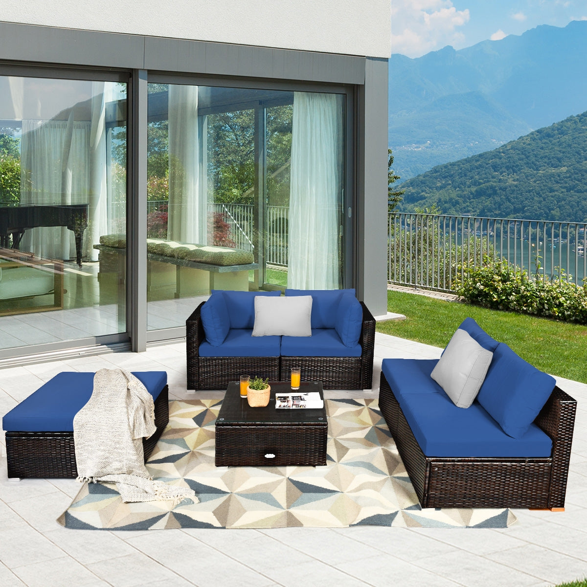 6-Piece Outdoor Rattan Sectional Sofa Set with Coffee Table - Blue