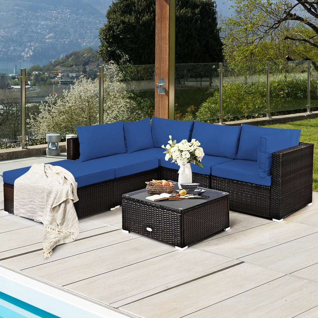 6-Piece Outdoor Rattan Sectional Sofa Set with Coffee Table - Blue