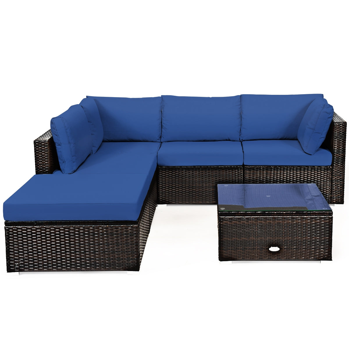 6-Piece Outdoor Rattan Sectional Sofa Set with Coffee Table - Blue