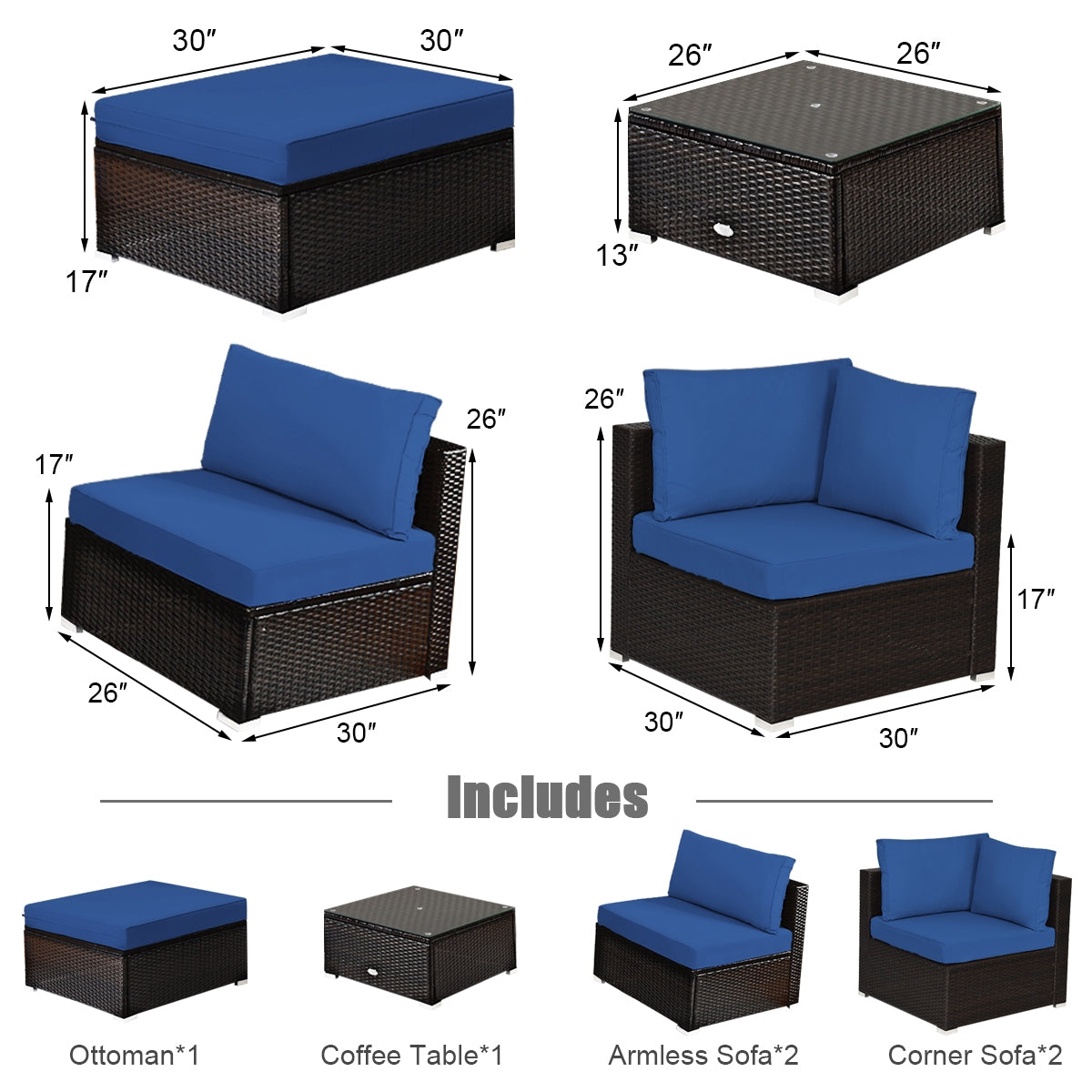 6-Piece Outdoor Rattan Sectional Sofa Set with Coffee Table - Blue