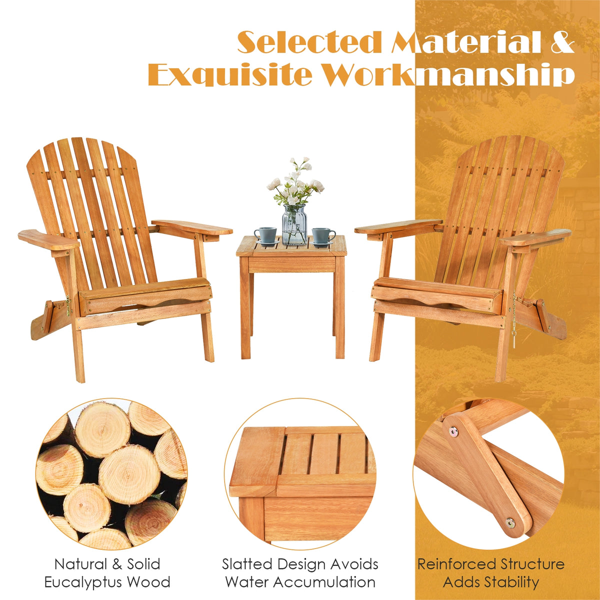 Adirondack Chair Set 3-Piece with Side Table - Eucalyptus