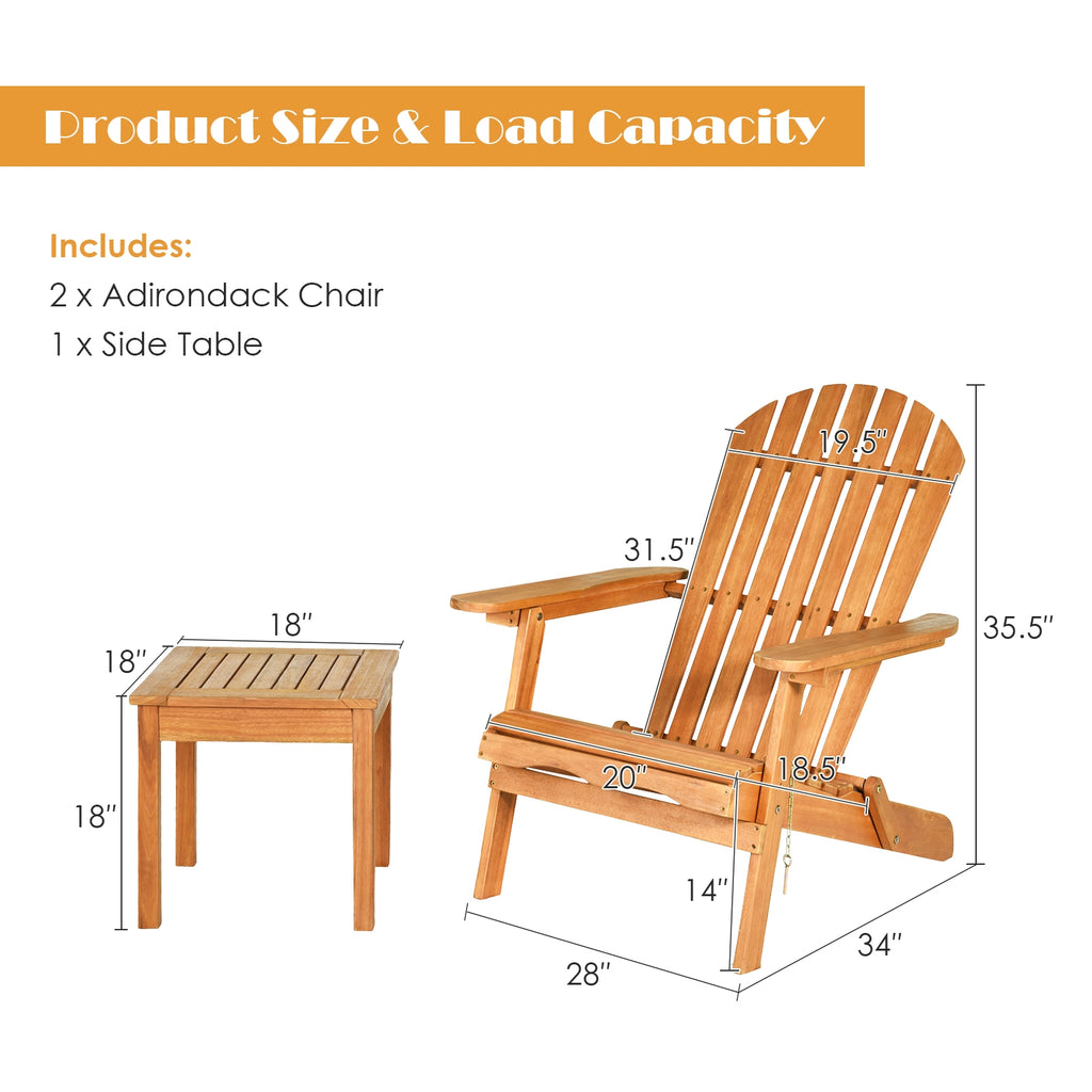 Adirondack Chair Set 3-Piece with Side Table - Eucalyptus