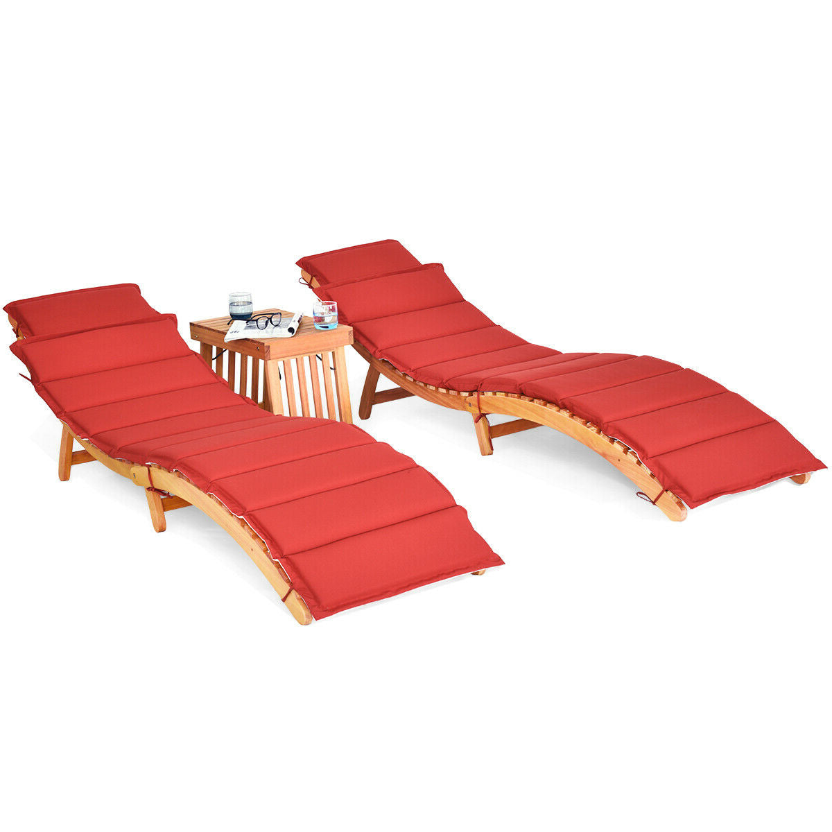 3 Pieces Folding Patio Eucalyptus Wood Lounge Chair Set with Foldable