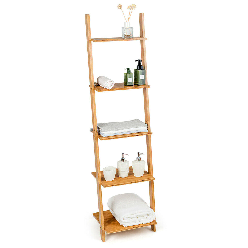 5-Tier Bamboo Ladder Bookshelf Wall-Leaning Storage