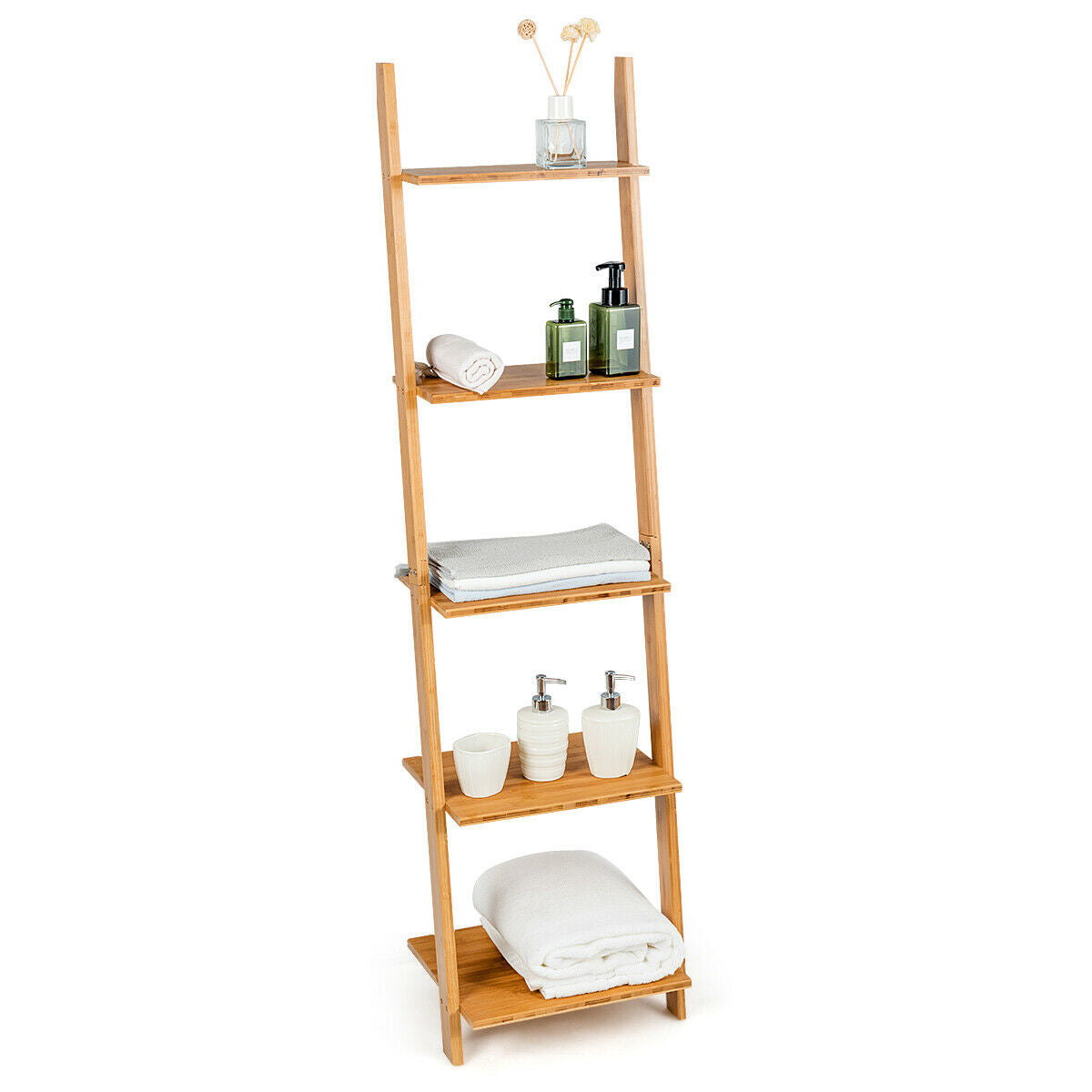 5-Tier Bamboo Ladder Bookshelf Wall-Leaning Storage