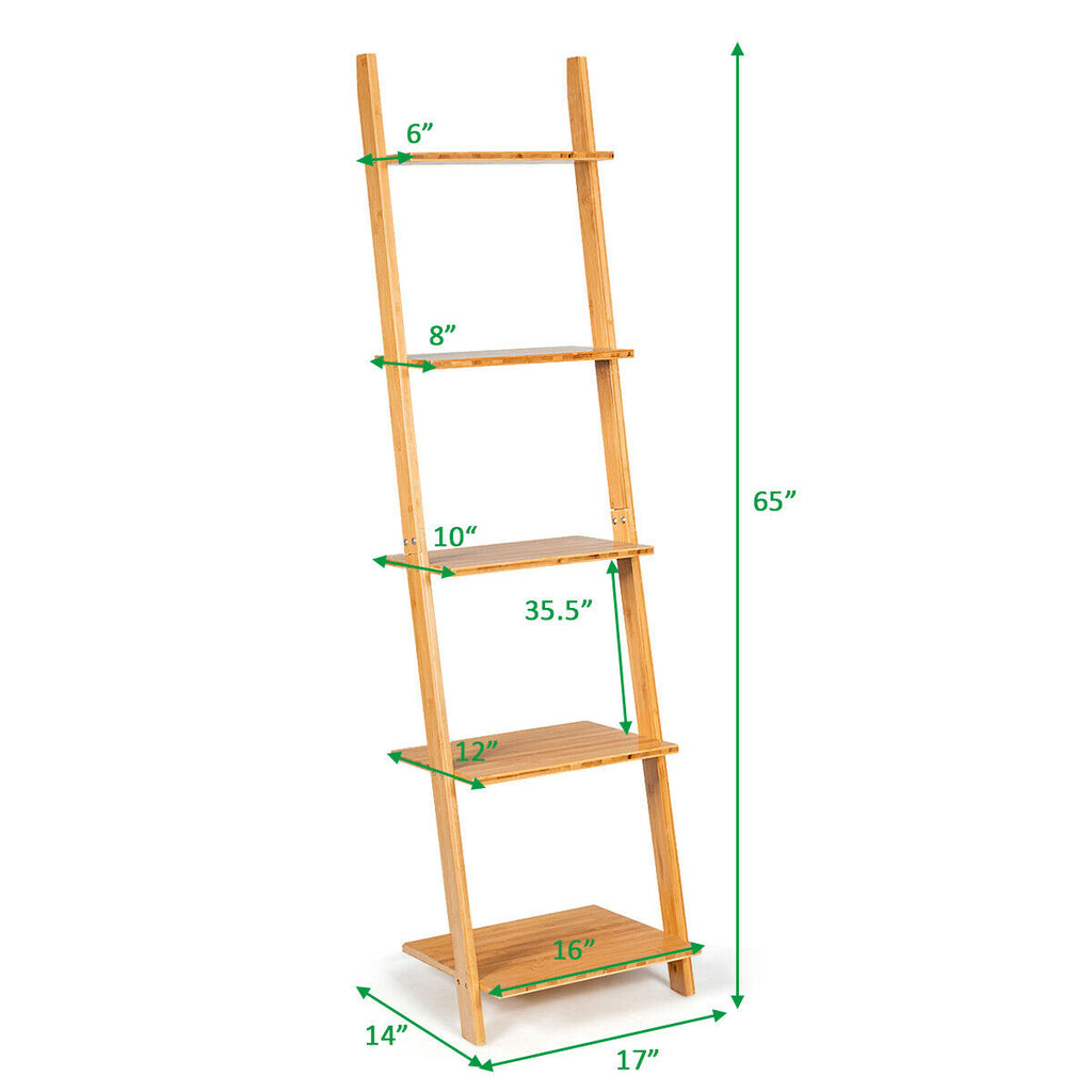 5-Tier Bamboo Ladder Bookshelf Wall-Leaning Storage