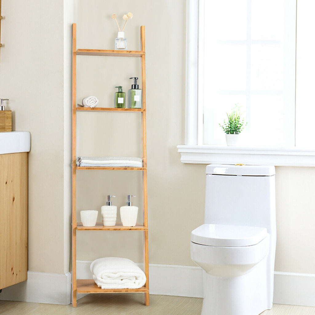 5-Tier Bamboo Ladder Bookshelf Wall-Leaning Storage