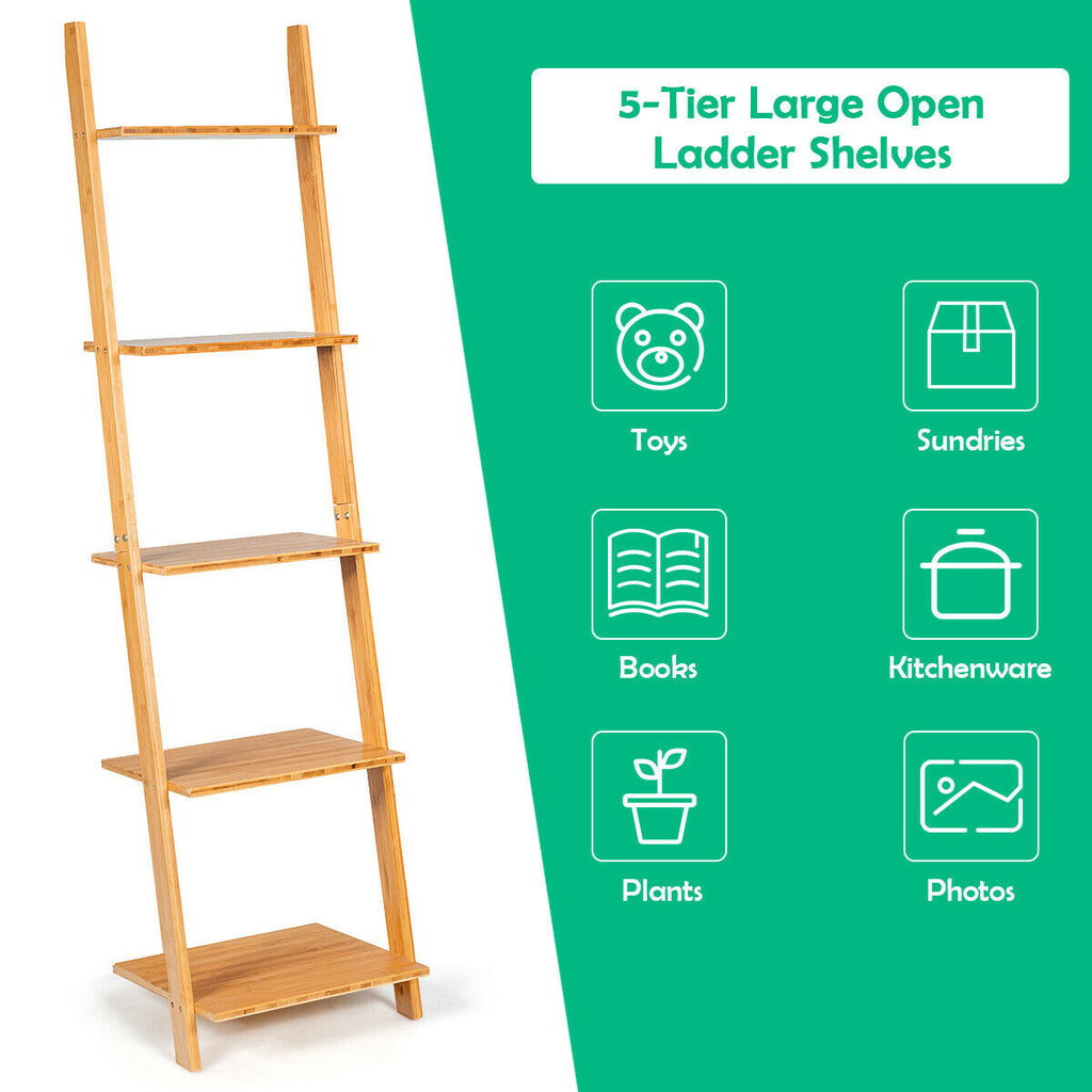 5-Tier Bamboo Ladder Bookshelf Wall-Leaning Storage