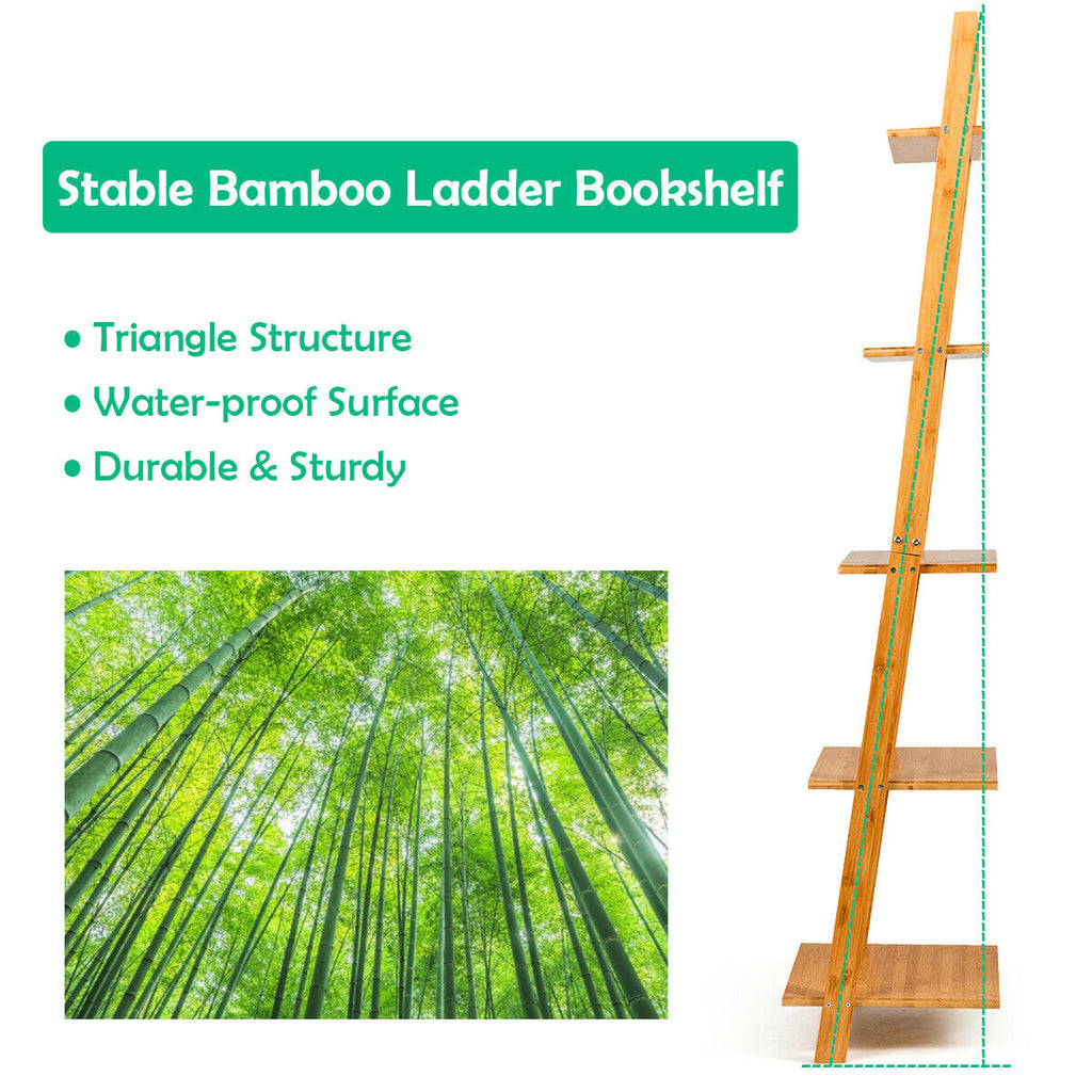 5-Tier Bamboo Ladder Bookshelf Wall-Leaning Storage
