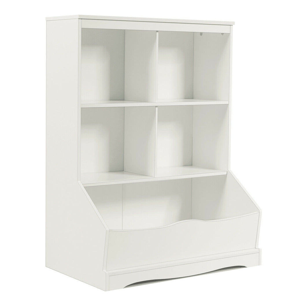 Kids Bookcase with 5 Open Storage Compartments - White, 3-Tier Multi-Functional Storage Unit