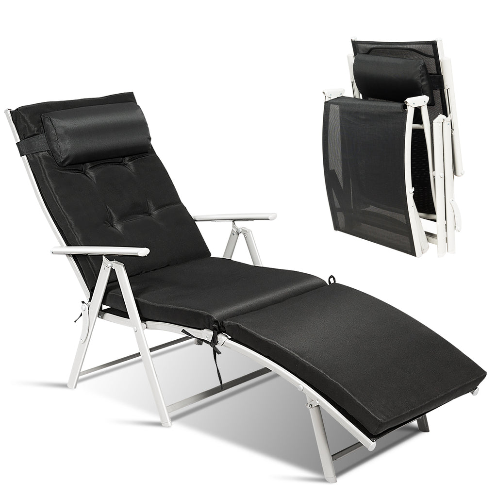 Folding Chaise Lounge Chair with Pillow - Black