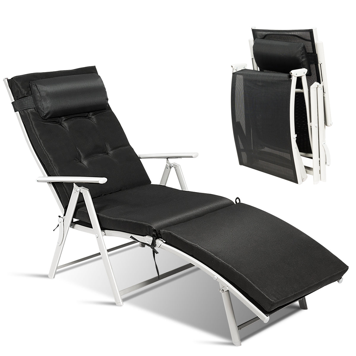 Folding Chaise Lounge Chair with Pillow - Black