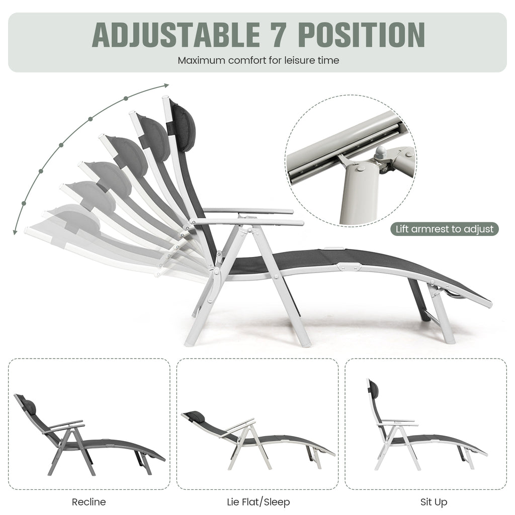 Folding Chaise Lounge Chair with Pillow - Black