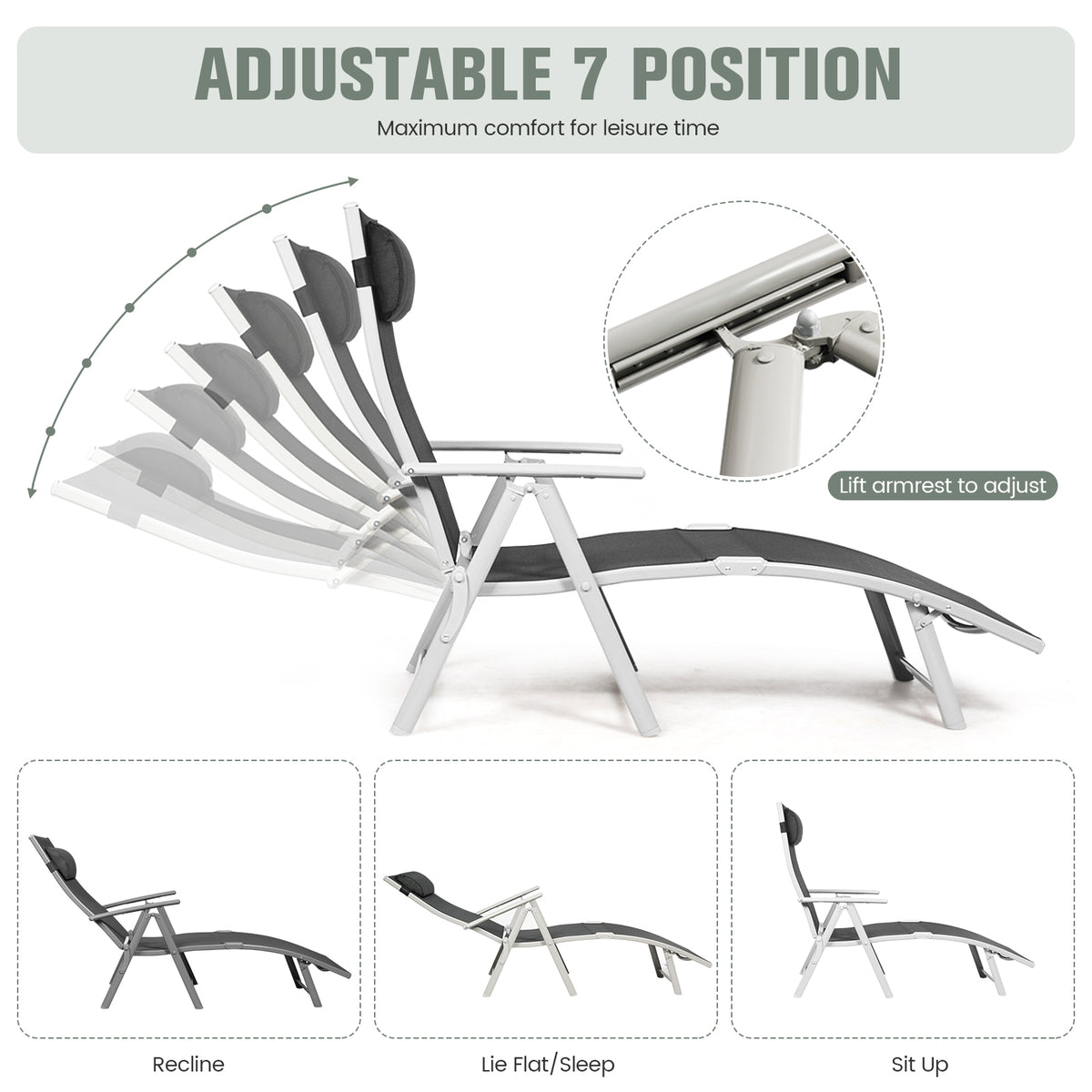 Folding Chaise Lounge Chair with Pillow - Black