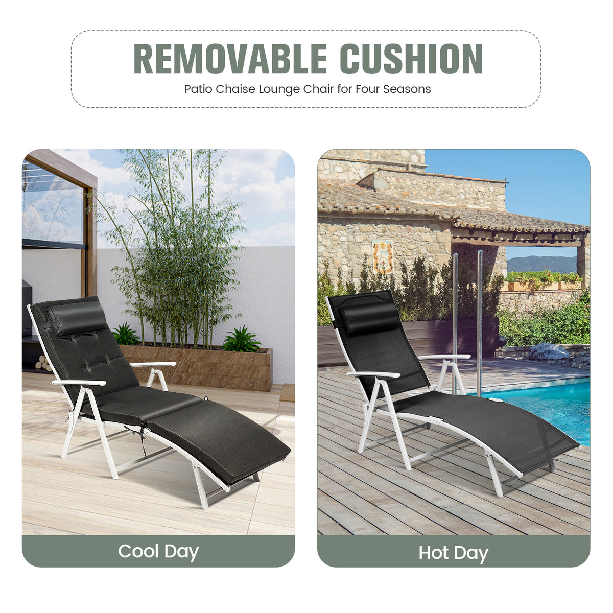 Folding Chaise Lounge Chair with Pillow - Black