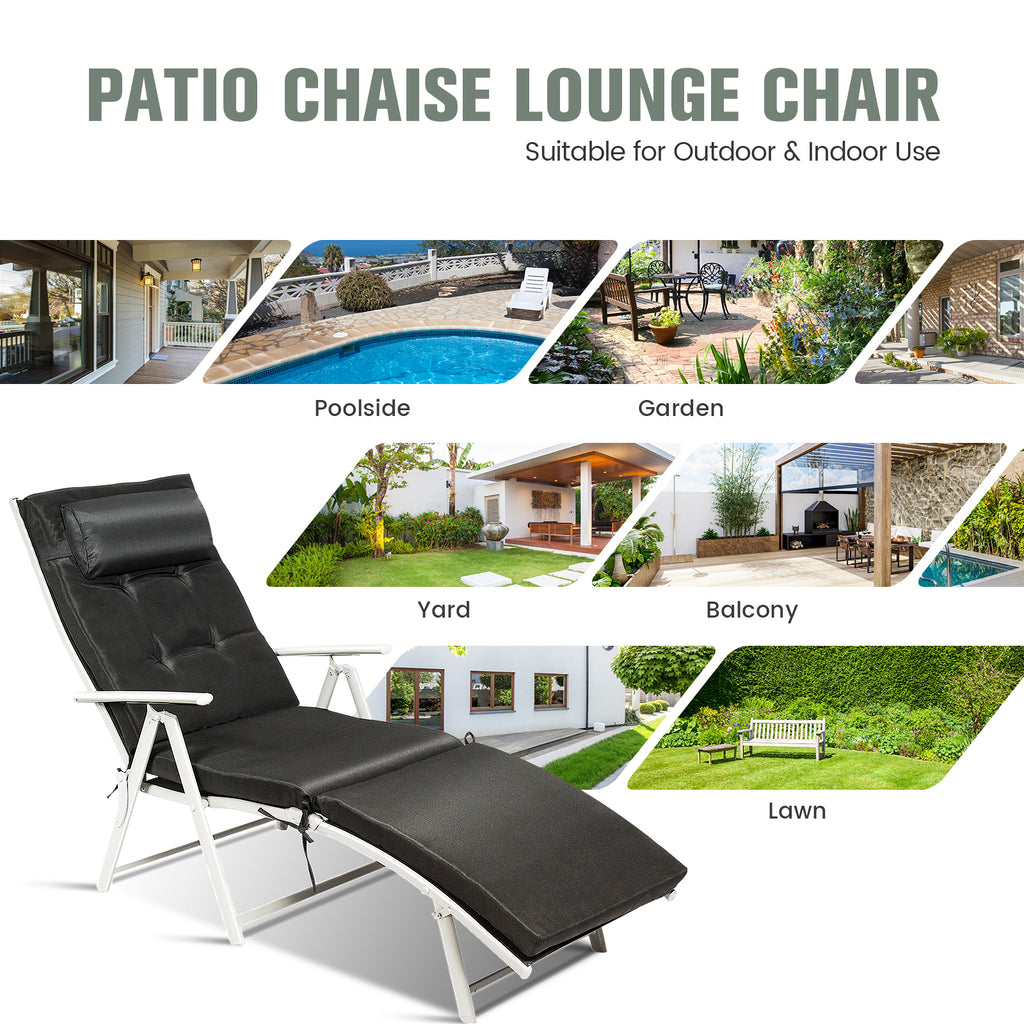 Folding Chaise Lounge Chair with Pillow - Black