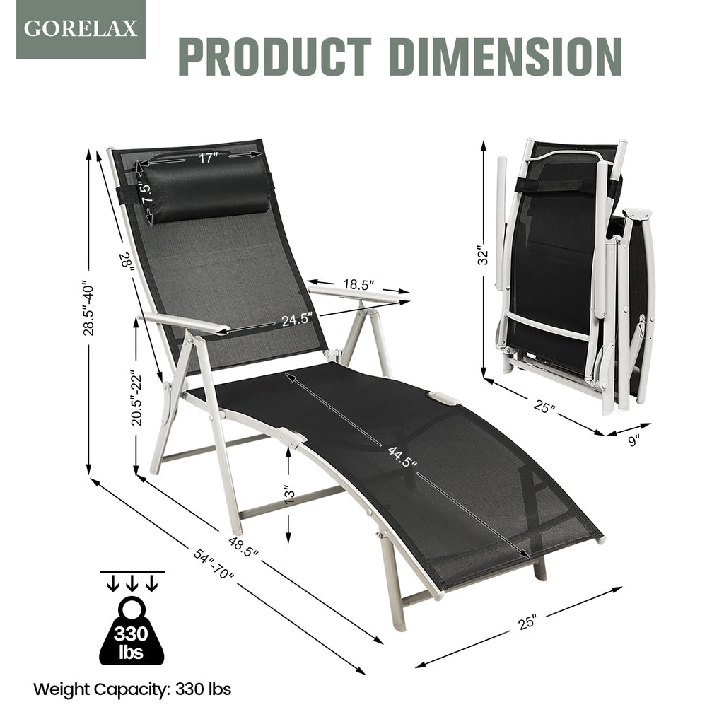 Folding Chaise Lounge Chair with Pillow - Black