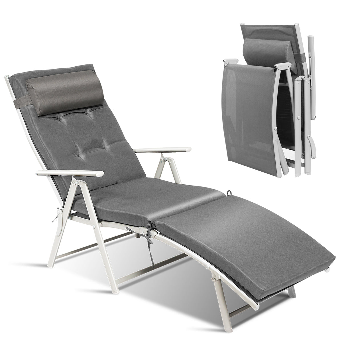 Folding Chaise Lounge Chair with Pillow - Black