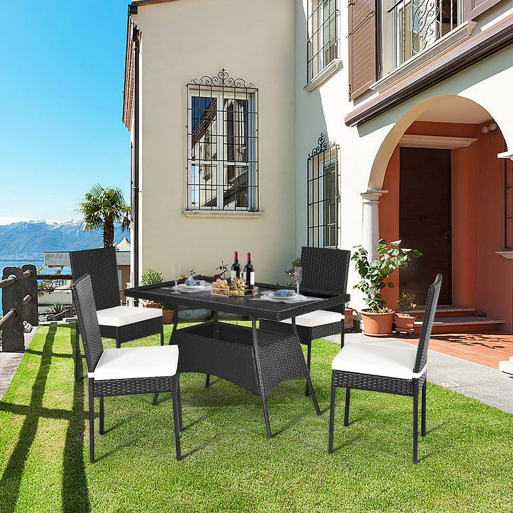 5-Piece Rattan Dining Set with Glass Table & Black Chairs