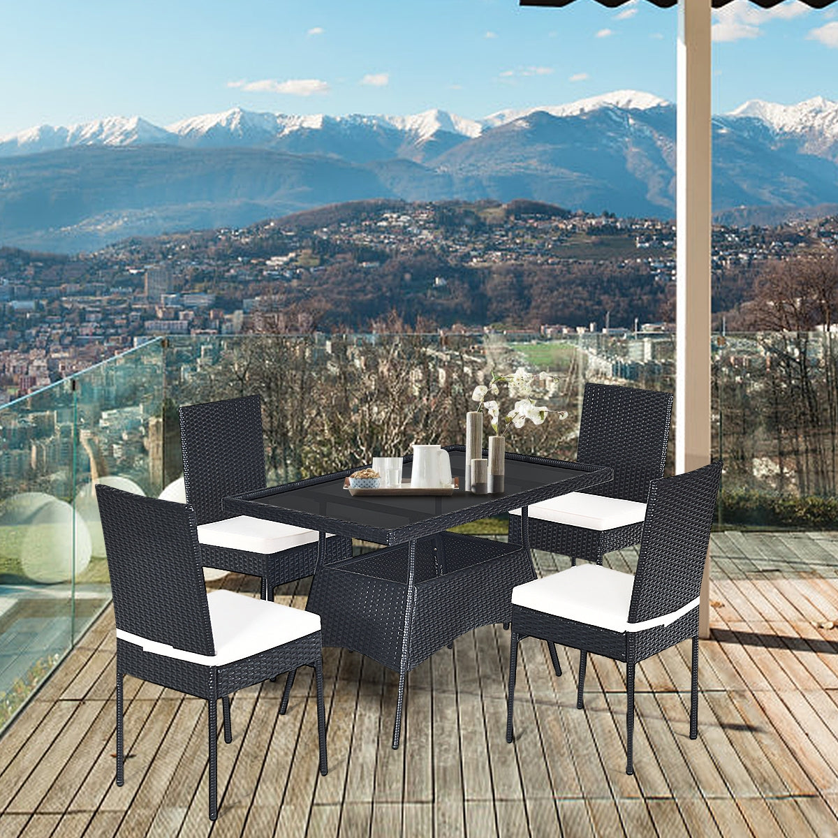 5-Piece Rattan Dining Set with Glass Table & Black Chairs