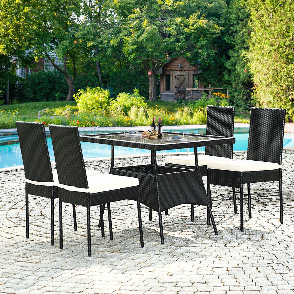 5-Piece Rattan Dining Set with Glass Table & Black Chairs