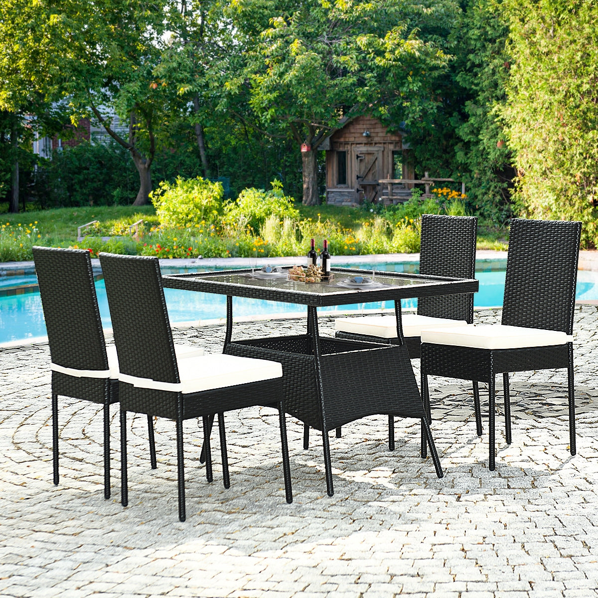 5-Piece Rattan Dining Set with Glass Table & Black Chairs