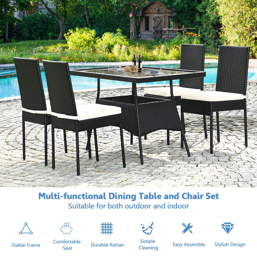 5-Piece Rattan Dining Set with Glass Table & Black Chairs