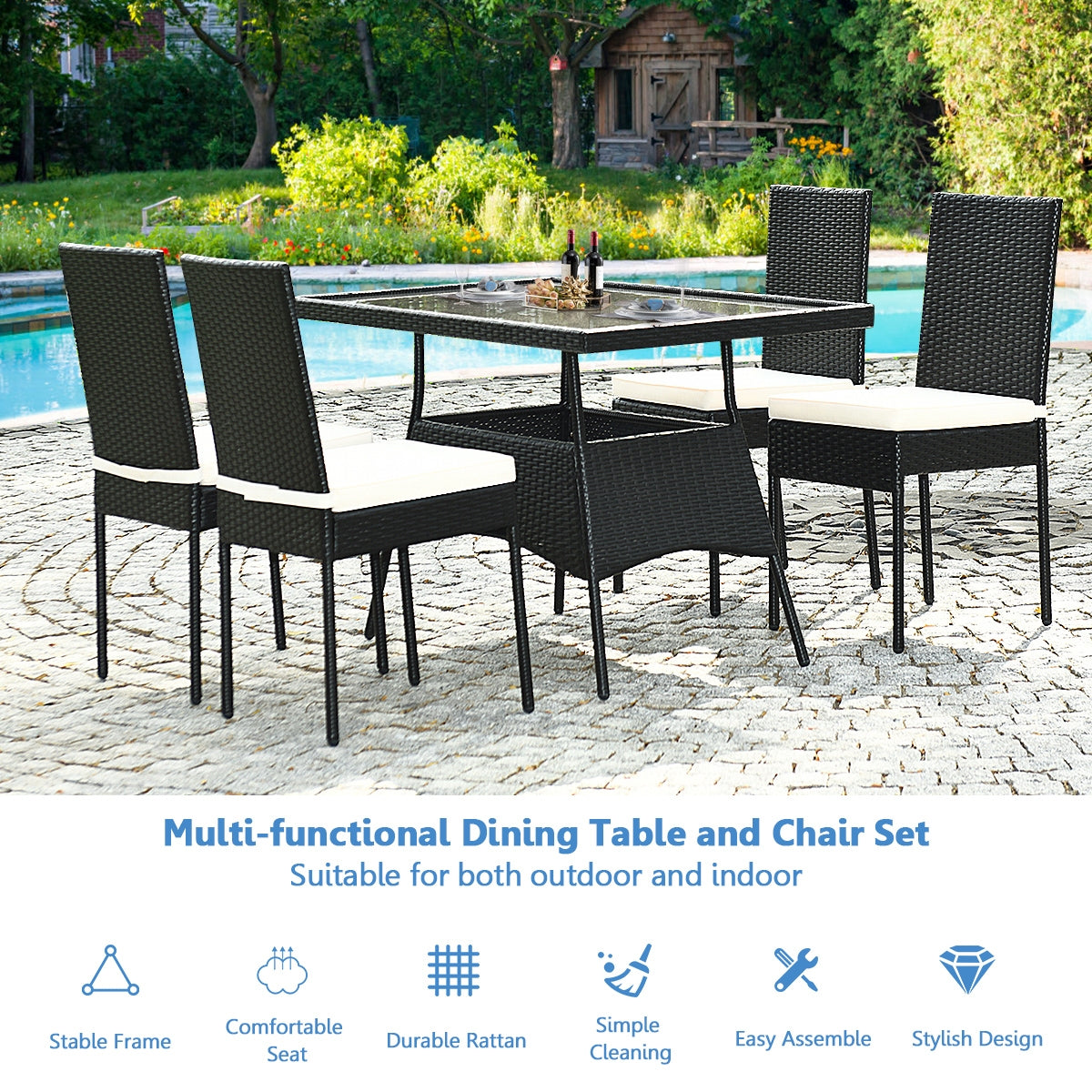 5-Piece Rattan Dining Set with Glass Table & Black Chairs