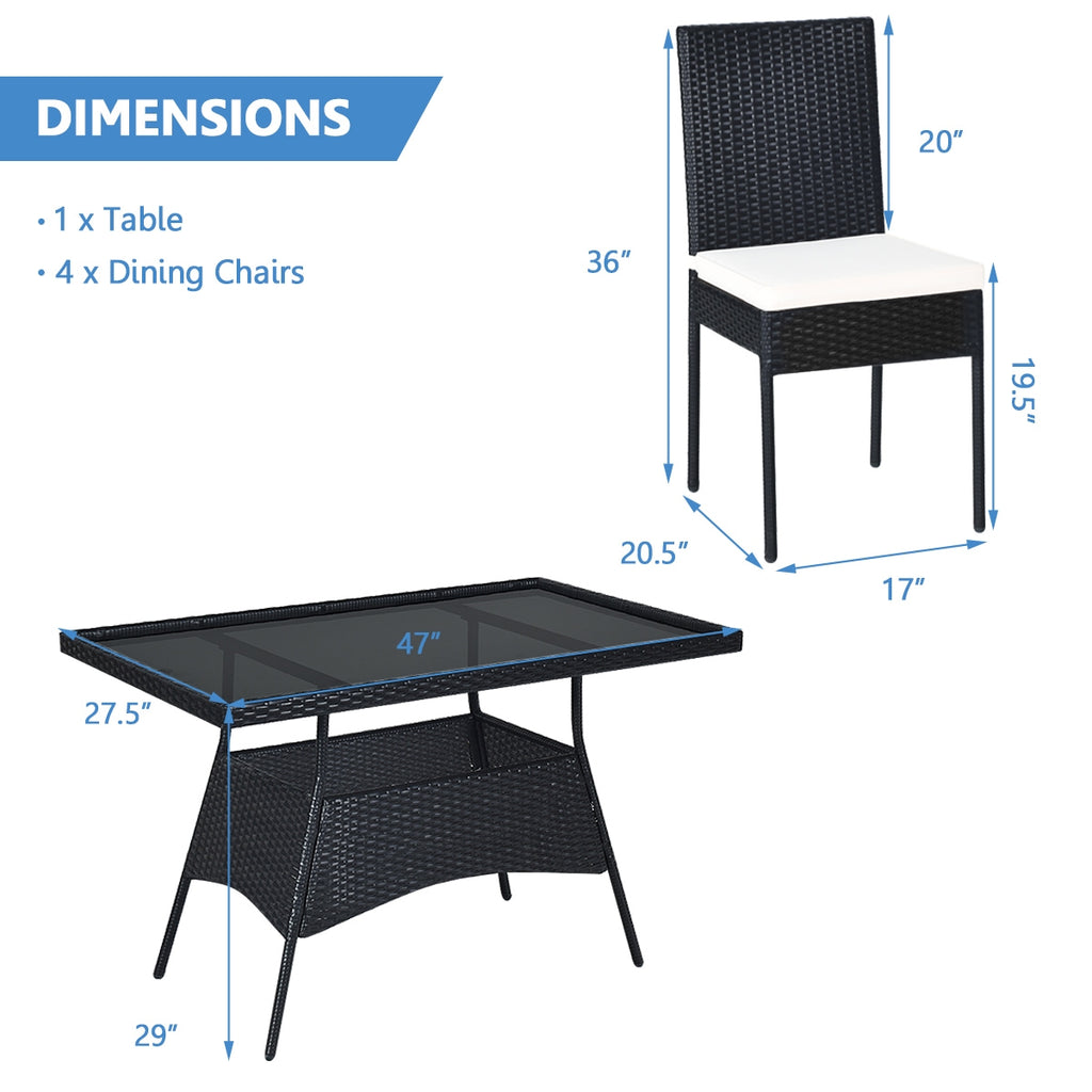 5-Piece Rattan Dining Set with Glass Table & Black Chairs