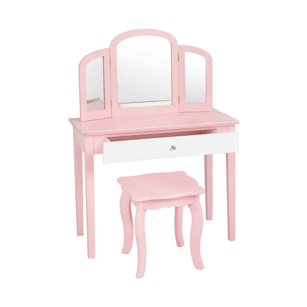 Kids Vanity Dressing Table with Tri-Fold Mirror and Chair - Pink, No Lights & Mirror