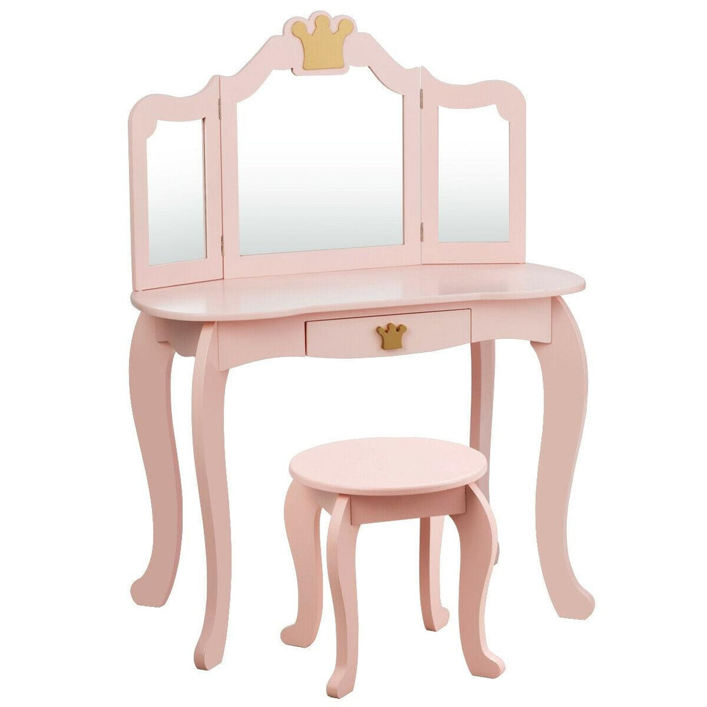 Kids Makeup Dressing Table with Tri-Fold Mirror & Stool - Pink - Costway