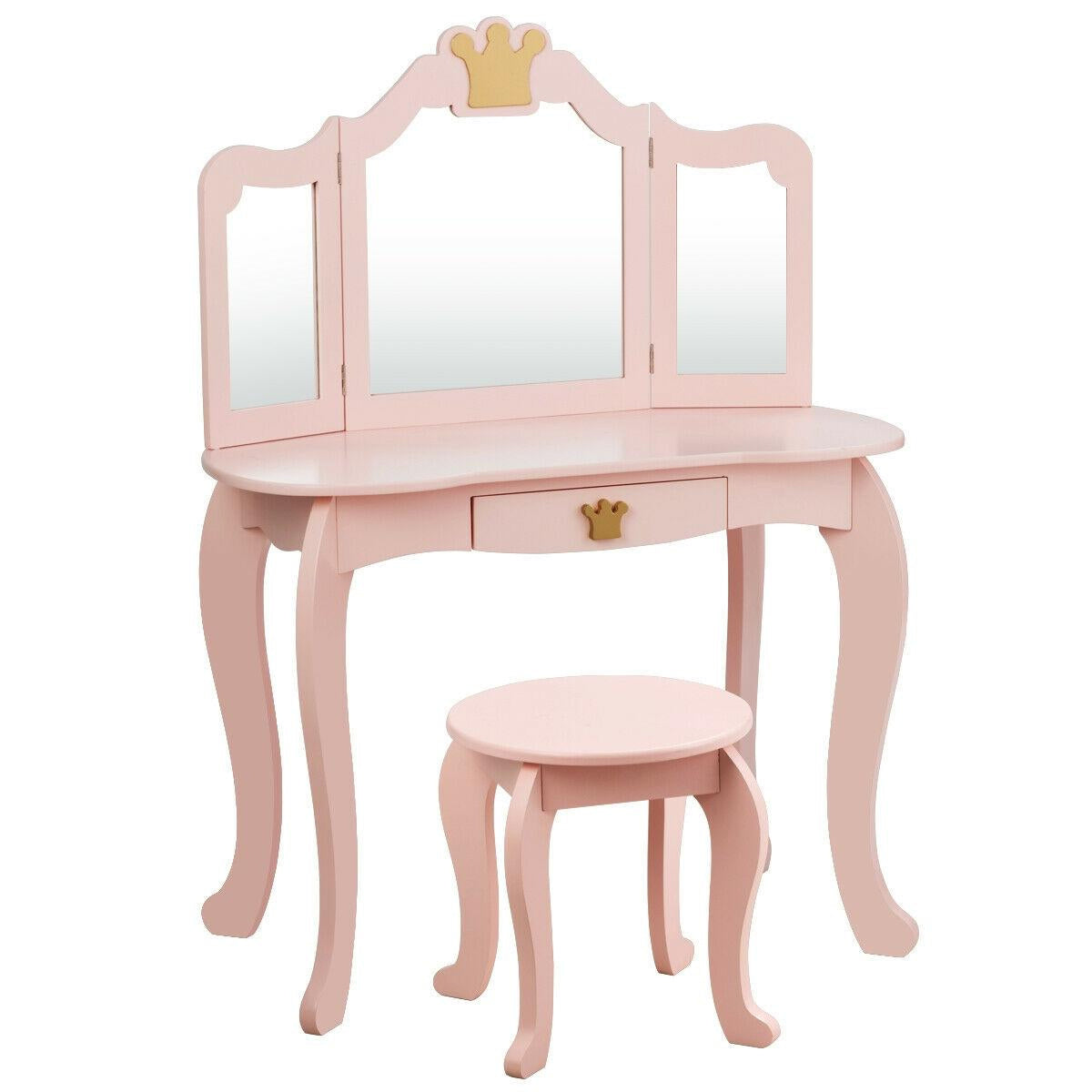 Kids Makeup Dressing Table with Tri-Fold Mirror & Stool - Pink - Costway
