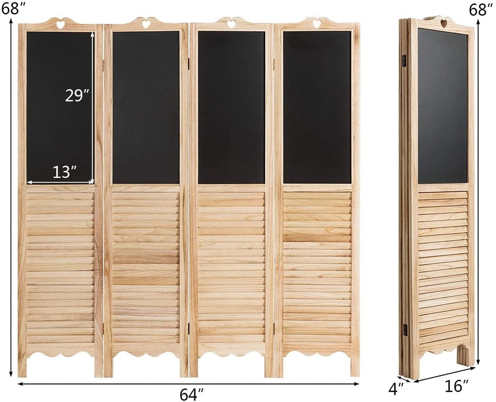 Foldable 4-Panel Room Divider with Chalkboards - Rustic Wood Partition Screen