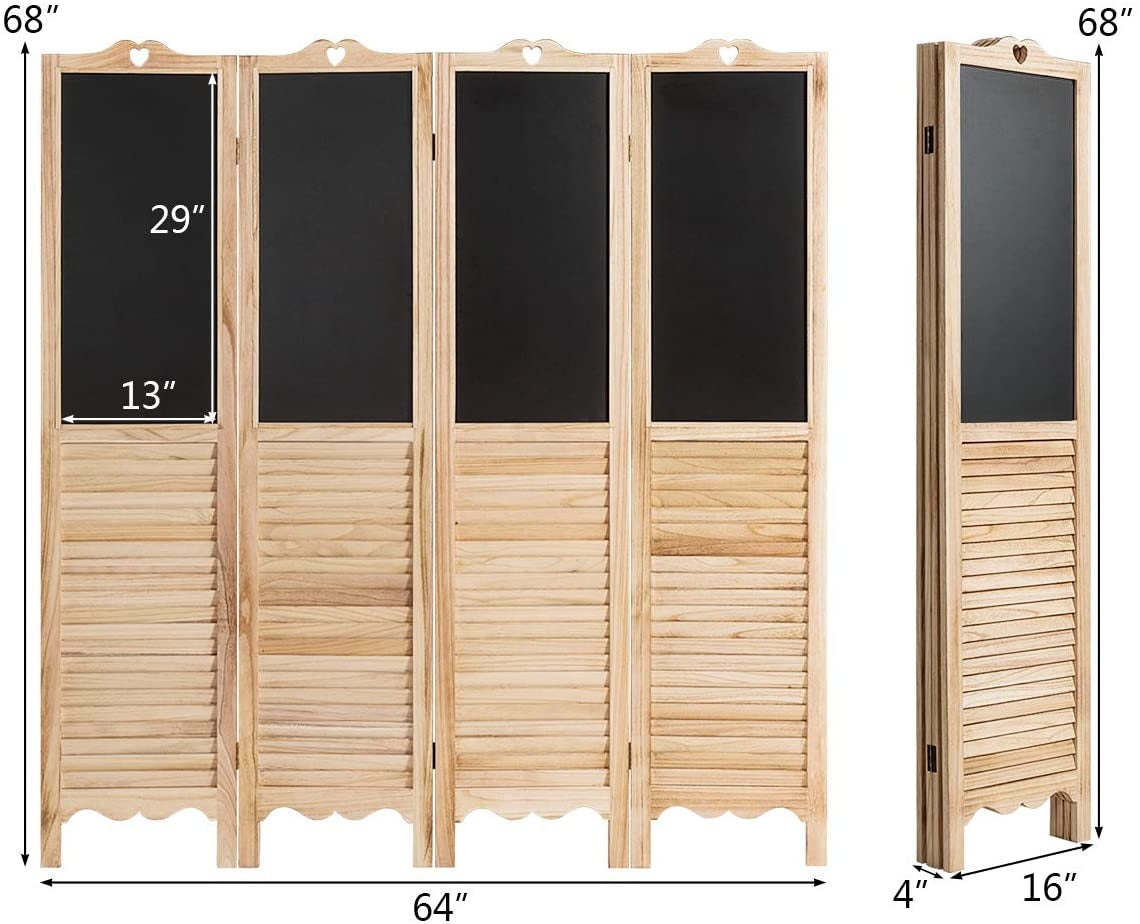 Foldable 4-Panel Room Divider with Chalkboards - Rustic Wood Partition Screen
