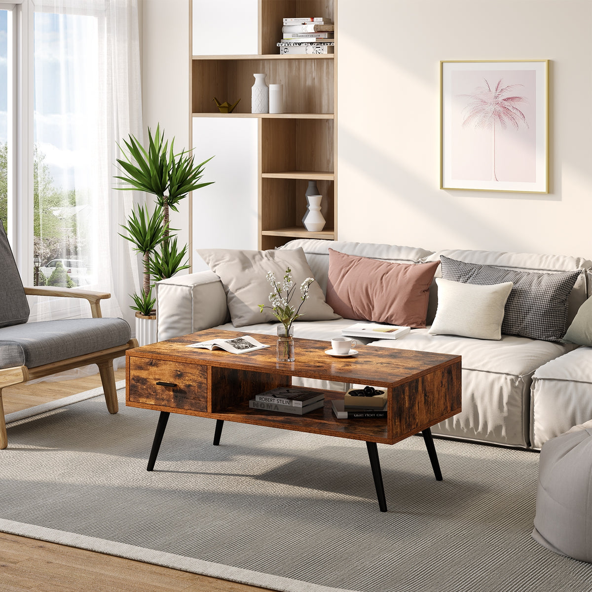 Retro Rectangular Coffee Table with Drawer and Shelf – Rustic Brown