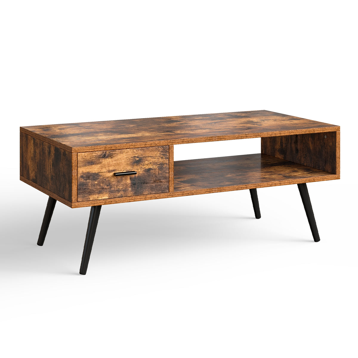 Retro Rectangular Coffee Table with Drawer and Storage Shelf - Rustic Brown