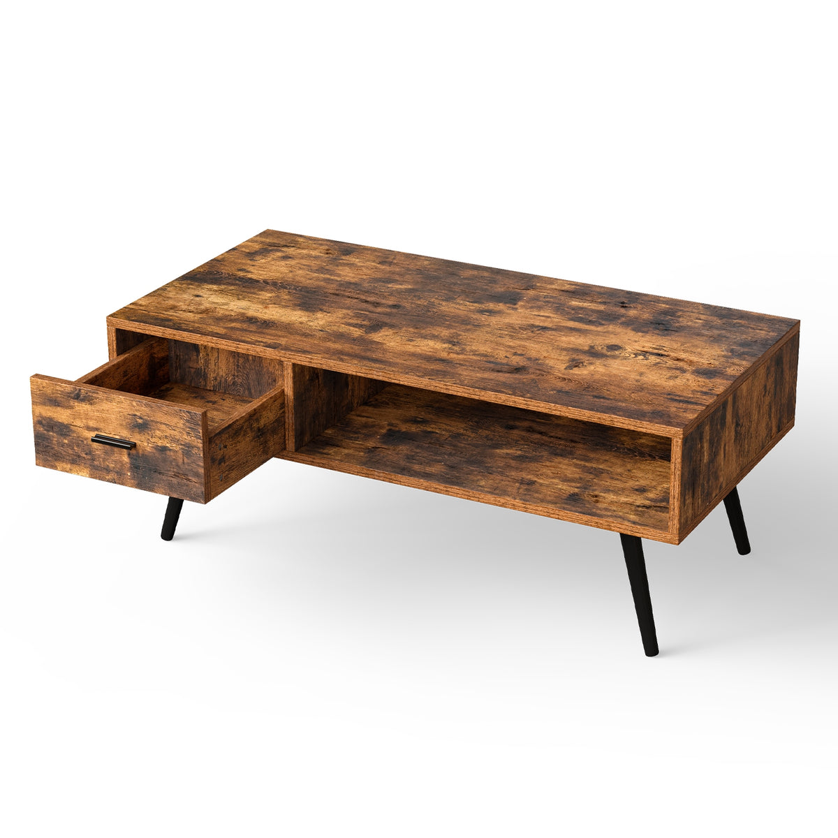 Retro Rectangular Coffee Table with Drawer and Storage Shelf - Rustic Brown