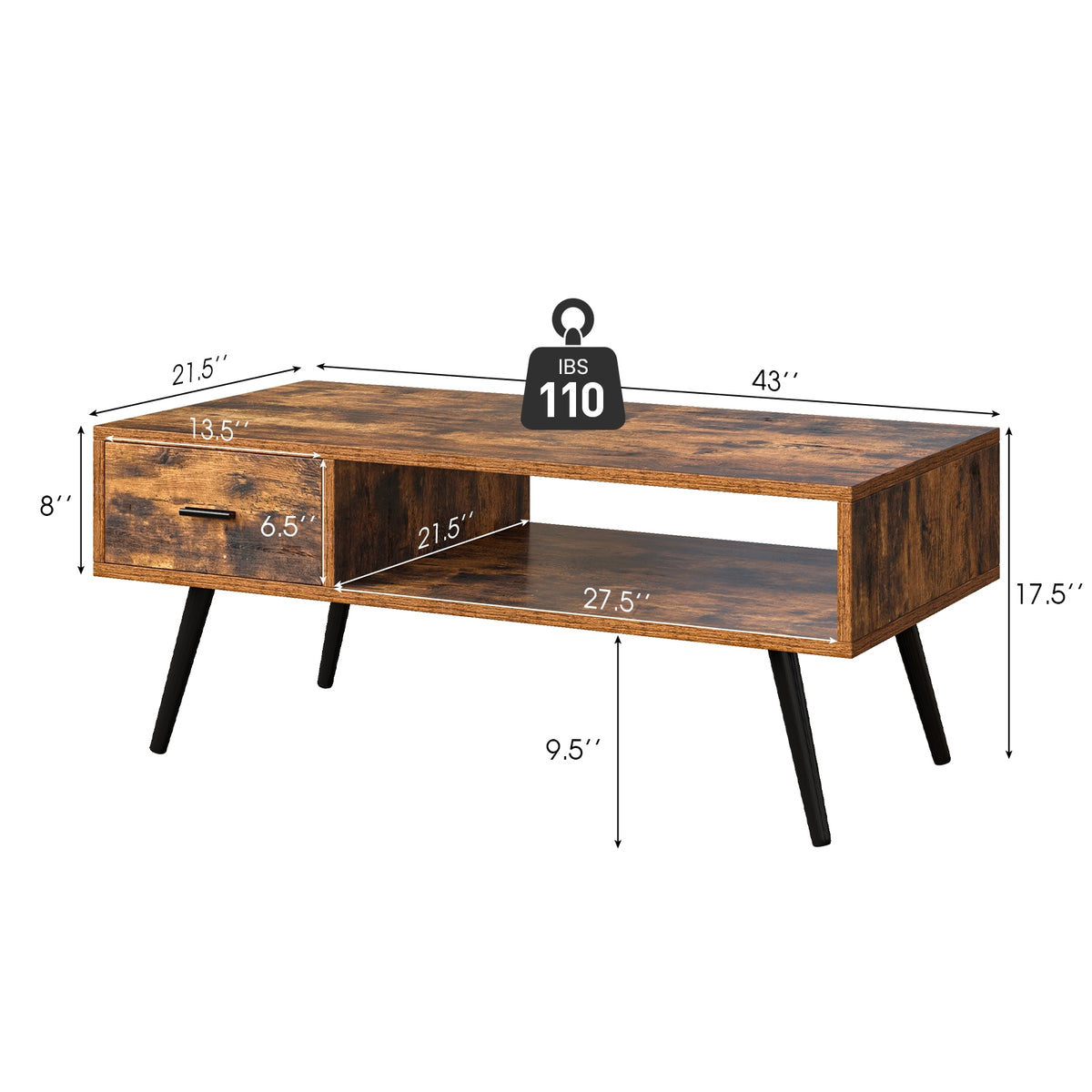 Retro Rectangular Coffee Table with Drawer and Shelf – Rustic Brown