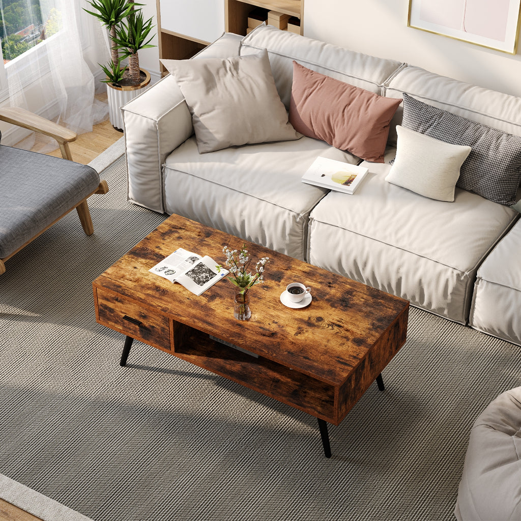 Retro Rectangular Coffee Table with Drawer and Shelf – Rustic Brown