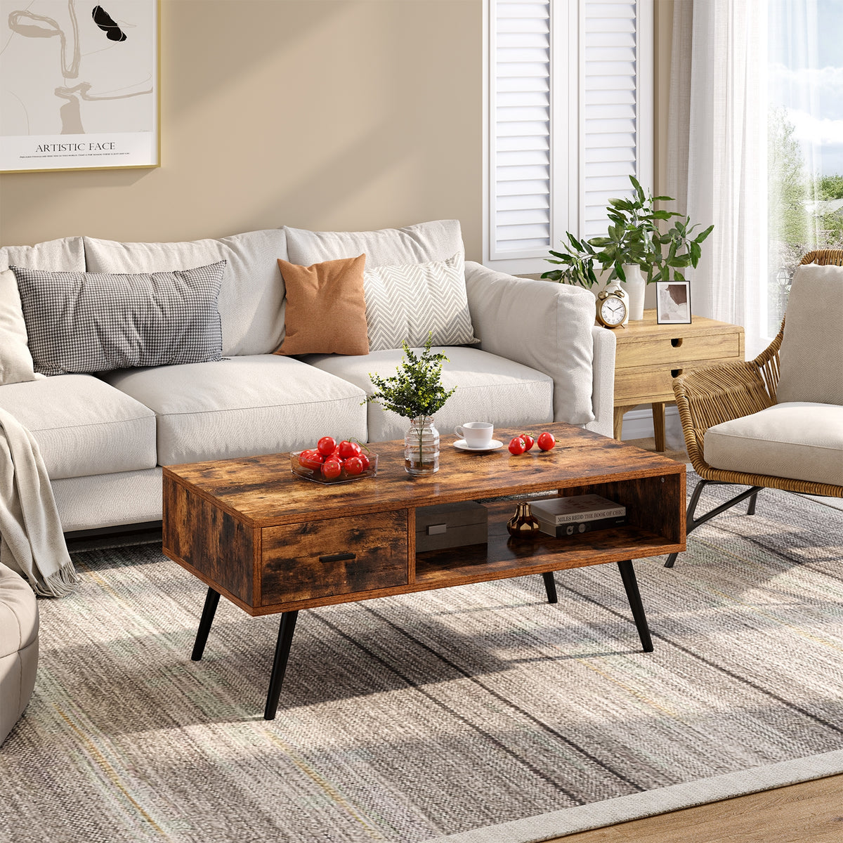 Retro Rectangular Coffee Table with Drawer and Shelf – Rustic Brown