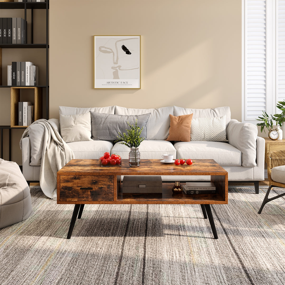 Retro Rectangular Coffee Table with Drawer and Shelf – Rustic Brown