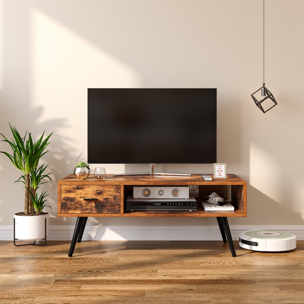 Retro Rectangular Coffee Table with Drawer and Shelf – Rustic Brown