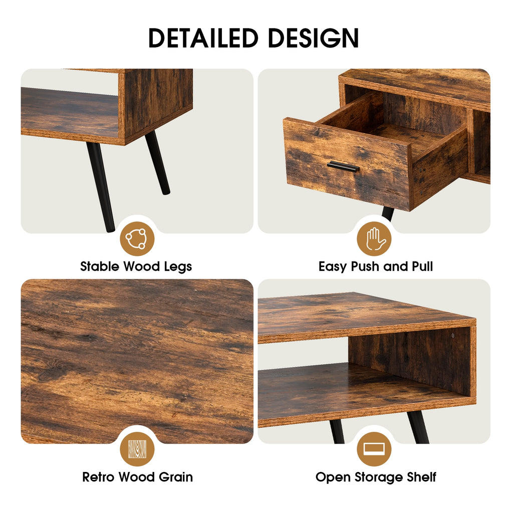 Retro Rectangular Coffee Table with Drawer and Shelf – Rustic Brown