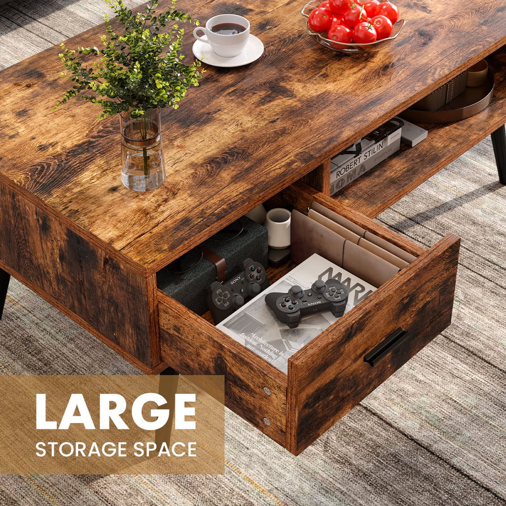 Retro Rectangular Coffee Table with Drawer and Shelf – Rustic Brown