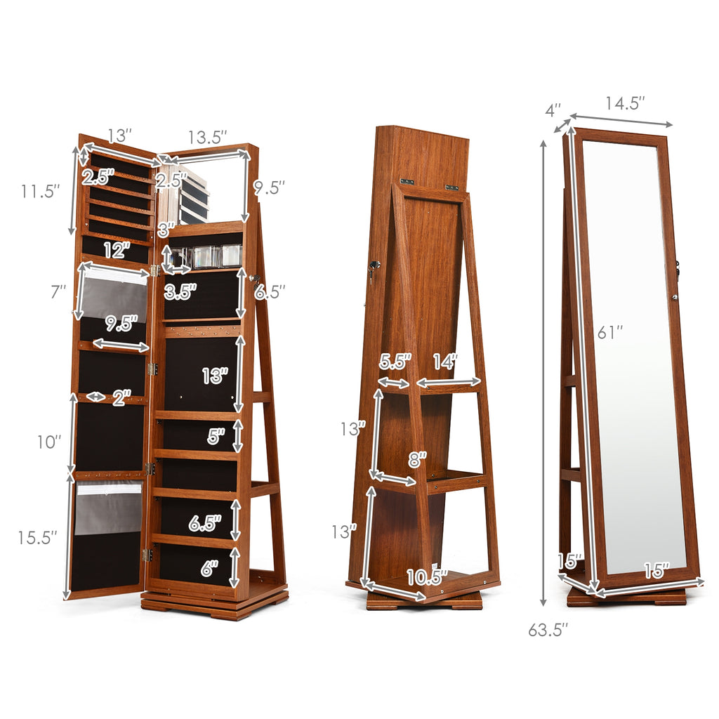 360° Rotating Jewelry Cabinet with Mirror - 3 Shelves, Brown