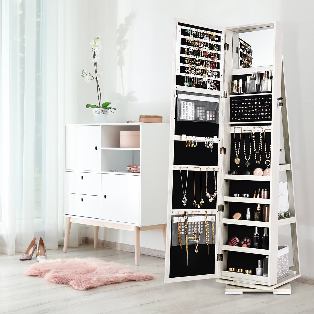 360° Rotating Jewelry Cabinet with Full-Length Mirror, White - 3 Shelves