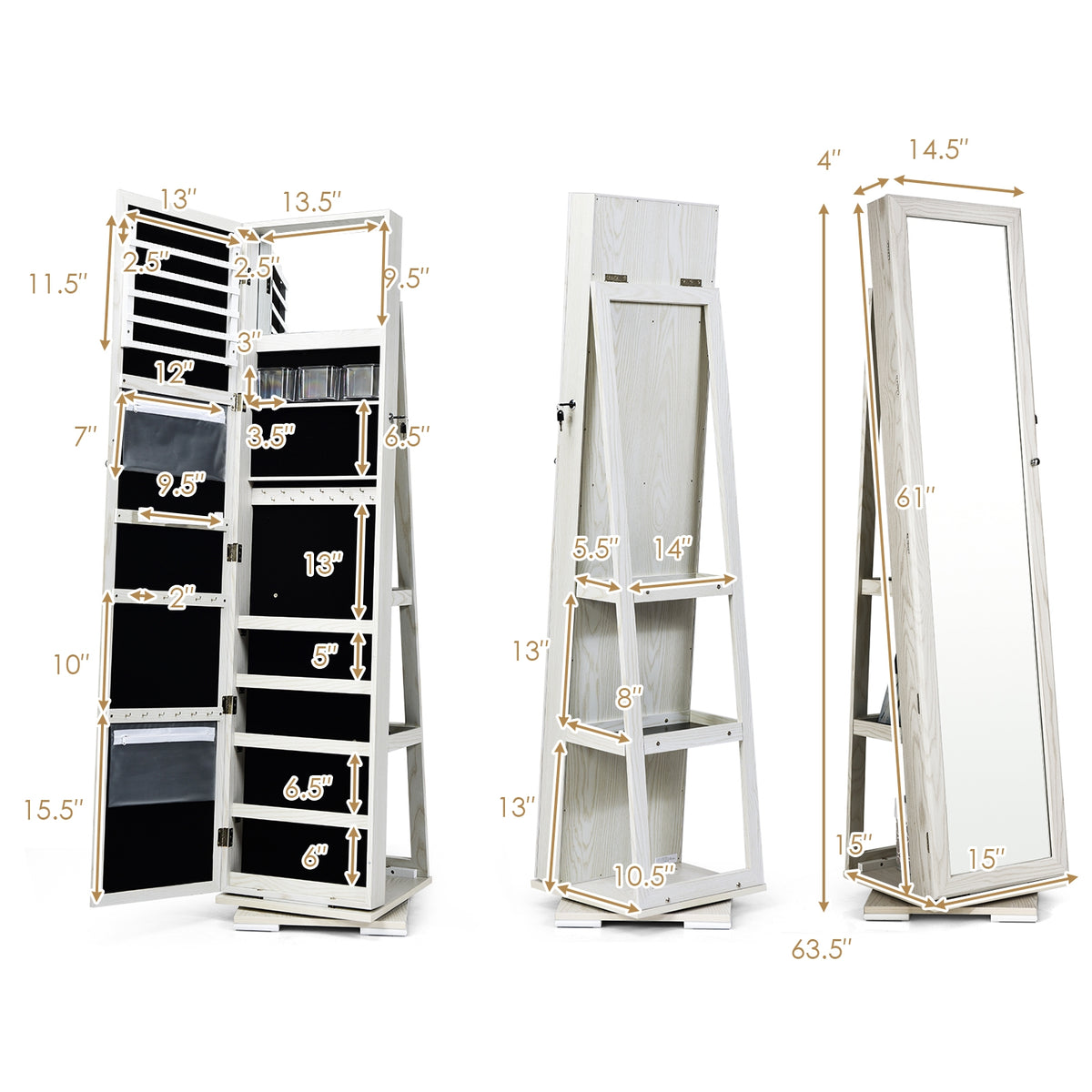 360° Rotating Jewelry Cabinet with Full-Length Mirror, White - 3 Shelves