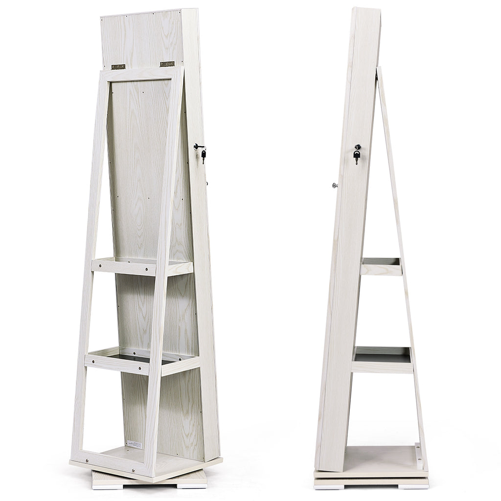 360° Rotating Jewelry Cabinet with Full-Length Mirror, White - 3 Shelves